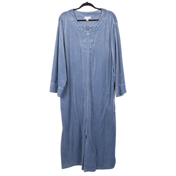 Miss Elaine Velour Robe XL Womens Light Blue Full Zip Embroidered Lounge Pockets - Picture 1 of 7